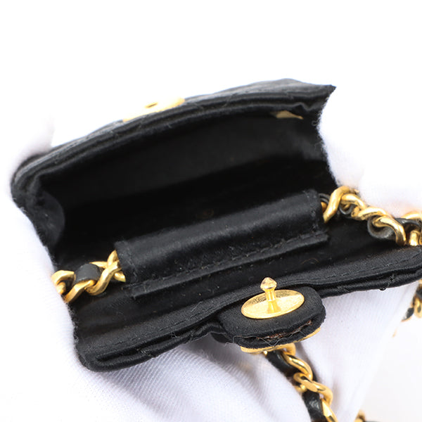 Chanel Around 1990 Made Silk Satin Cc Mark Plate Micro Chain Bag Black