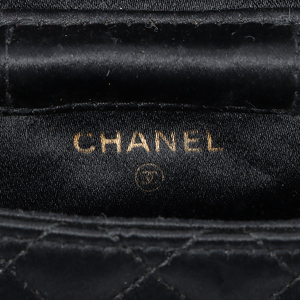 Chanel Around 1990 Made Silk Satin Cc Mark Plate Micro Chain Bag Black