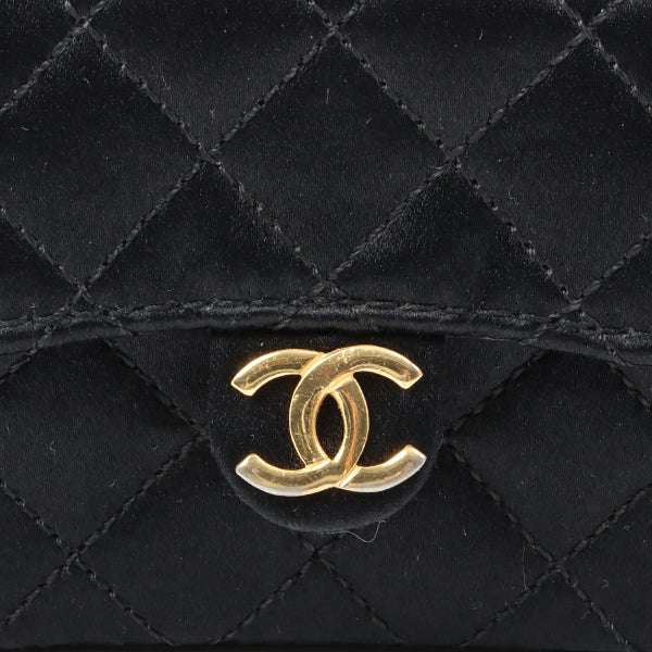 Chanel Around 1990 Made Silk Satin Cc Mark Plate Micro Chain Bag Black