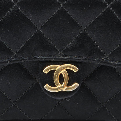 Chanel Around 1990 Made Silk Satin Cc Mark Plate Micro Chain Bag Black