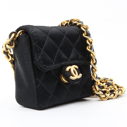 Chanel Around 1990 Made Silk Satin Cc Mark Plate Micro Chain Bag Black