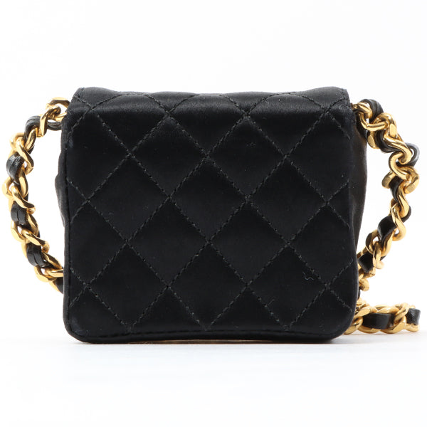 Chanel Around 1990 Made Silk Satin Cc Mark Plate Micro Chain Bag Black