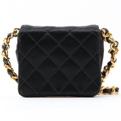 Chanel Around 1990 Made Silk Satin Cc Mark Plate Micro Chain Bag Black