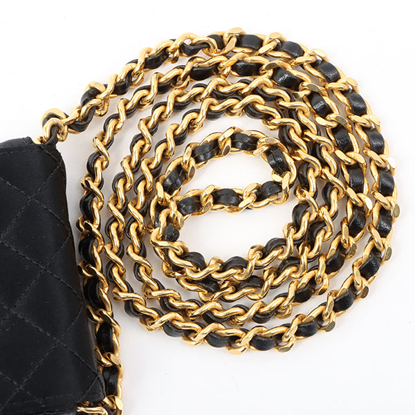 Chanel Around 1990 Made Silk Satin Cc Mark Plate Micro Chain Bag Black