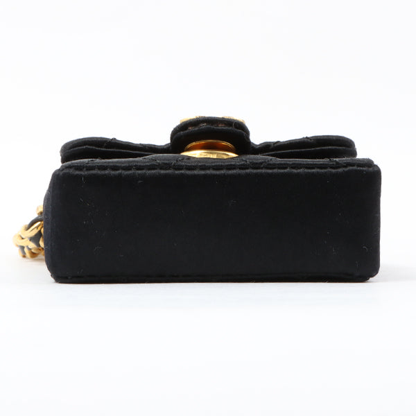 Chanel Around 1990 Made Silk Satin Cc Mark Plate Micro Chain Bag Black