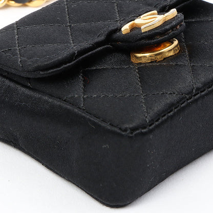 Chanel Around 1990 Made Silk Satin Cc Mark Plate Micro Chain Bag Black