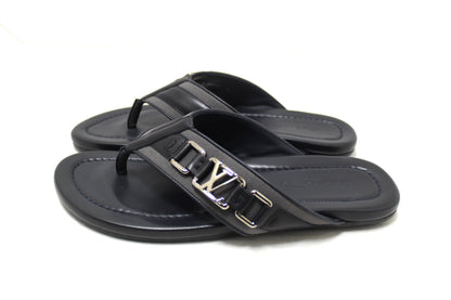 New Louis Vuitton Black Leather Atoll Thong Slipper Sandals Shoes Size 8