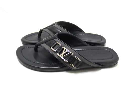 New Louis Vuitton Black Leather Atoll Thong Slipper Sandals Shoes Size 8