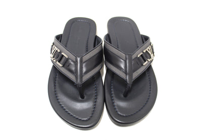 New Louis Vuitton Black Leather Atoll Thong Slipper Sandals Shoes Size 8