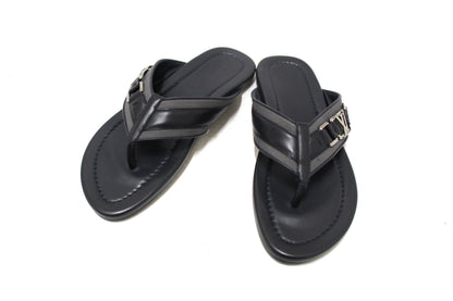 New Louis Vuitton Black Leather Atoll Thong Slipper Sandals Shoes Size 8