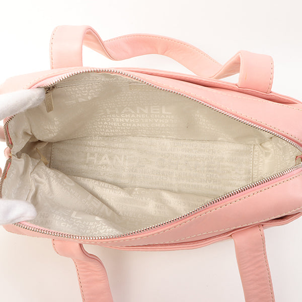 Chanel Around 2005 Made Cotton Leather Comby Logo Embossed Handle Bag Beige/Pink