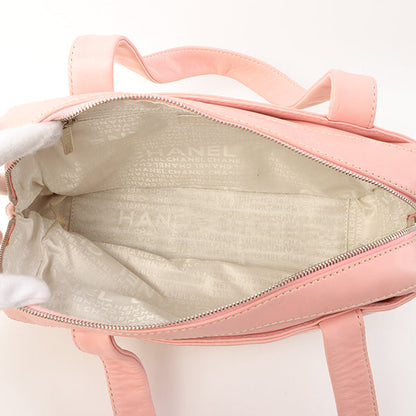 Chanel Around 2005 Made Cotton Leather Comby Logo Embossed Handle Bag Beige/Pink
