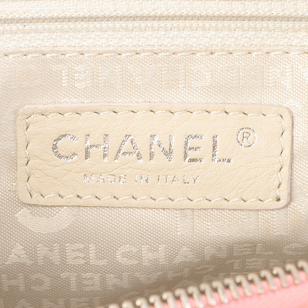 Chanel Around 2005 Made Cotton Leather Comby Logo Embossed Handle Bag Beige/Pink