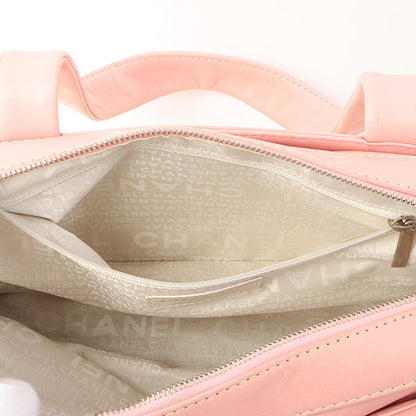 Chanel Around 2005 Made Cotton Leather Comby Logo Embossed Handle Bag Beige/Pink