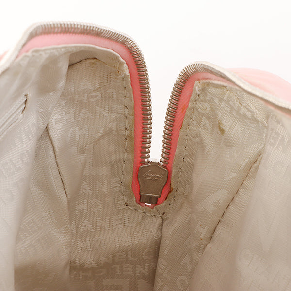 Chanel Around 2005 Made Cotton Leather Comby Logo Embossed Handle Bag Beige/Pink