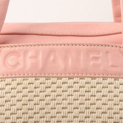 Chanel Around 2005 Made Cotton Leather Comby Logo Embossed Handle Bag Beige/Pink