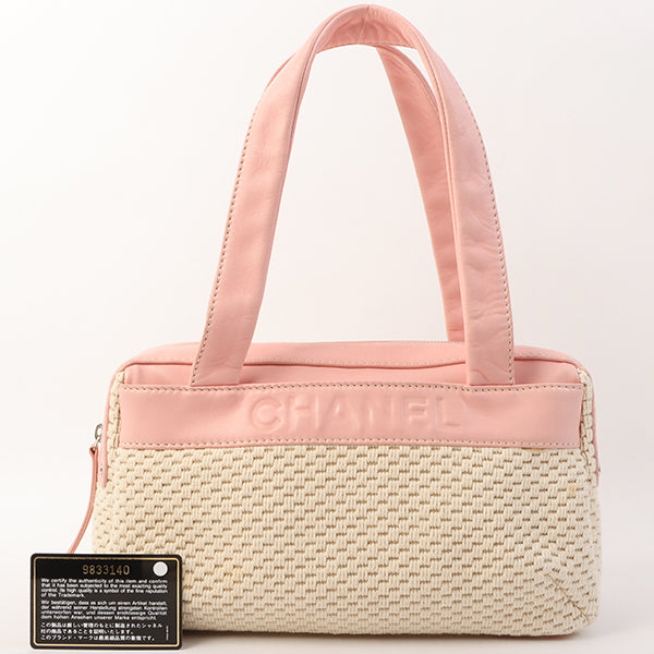 Chanel Around 2005 Made Cotton Leather Comby Logo Embossed Handle Bag Beige/Pink