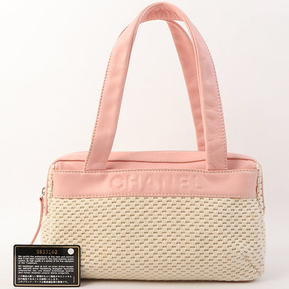 Chanel Around 2005 Made Cotton Leather Comby Logo Embossed Handle Bag Beige/Pink