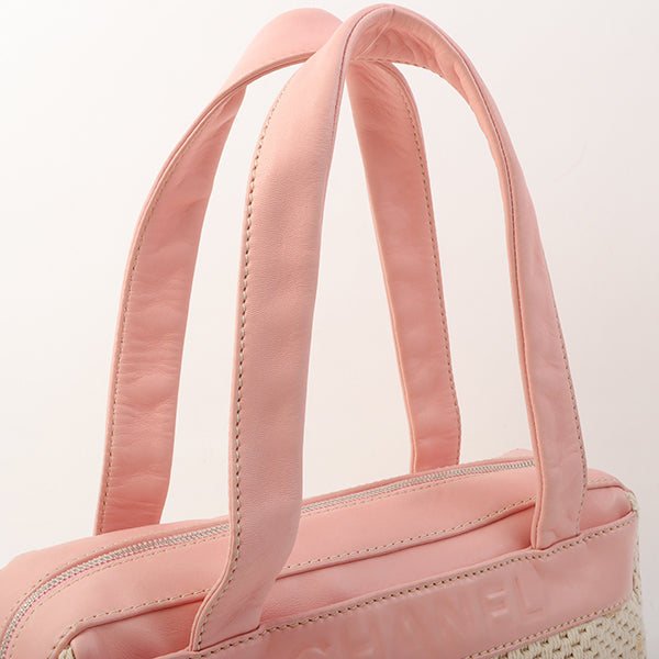 Chanel Around 2005 Made Cotton Leather Comby Logo Embossed Handle Bag Beige/Pink