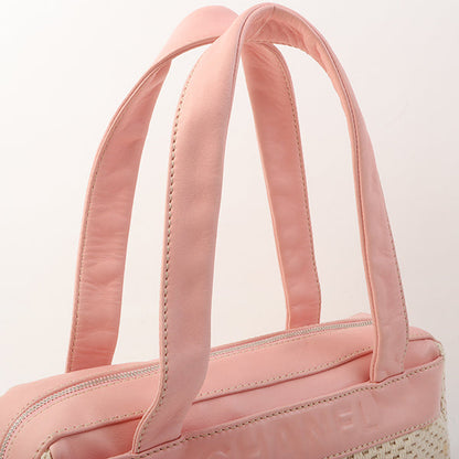 Chanel Around 2005 Made Cotton Leather Comby Logo Embossed Handle Bag Beige/Pink