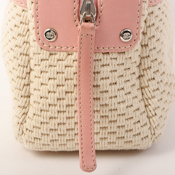 Chanel Around 2005 Made Cotton Leather Comby Logo Embossed Handle Bag Beige/Pink