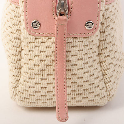 Chanel Around 2005 Made Cotton Leather Comby Logo Embossed Handle Bag Beige/Pink