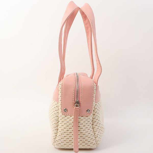 Chanel Around 2005 Made Cotton Leather Comby Logo Embossed Handle Bag Beige/Pink