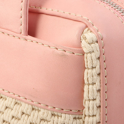 Chanel Around 2005 Made Cotton Leather Comby Logo Embossed Handle Bag Beige/Pink