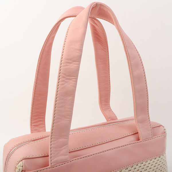 Chanel Around 2005 Made Cotton Leather Comby Logo Embossed Handle Bag Beige/Pink