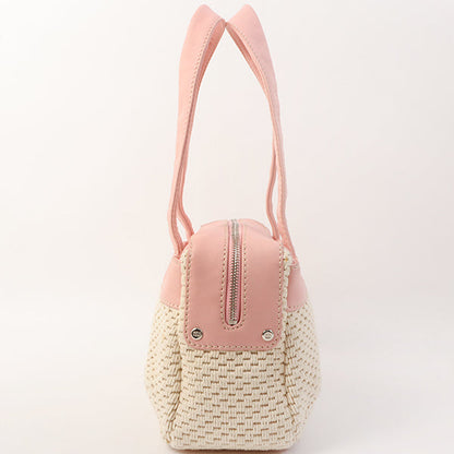 Chanel Around 2005 Made Cotton Leather Comby Logo Embossed Handle Bag Beige/Pink