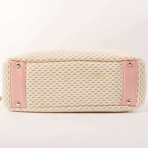 Chanel Around 2005 Made Cotton Leather Comby Logo Embossed Handle Bag Beige/Pink