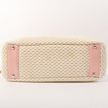 Chanel Around 2005 Made Cotton Leather Comby Logo Embossed Handle Bag Beige/Pink