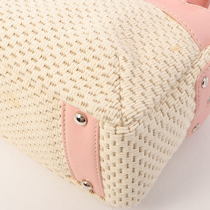 Chanel Around 2005 Made Cotton Leather Comby Logo Embossed Handle Bag Beige/Pink