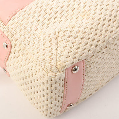 Chanel Around 2005 Made Cotton Leather Comby Logo Embossed Handle Bag Beige/Pink