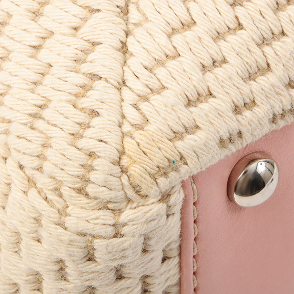 Chanel Around 2005 Made Cotton Leather Comby Logo Embossed Handle Bag Beige/Pink