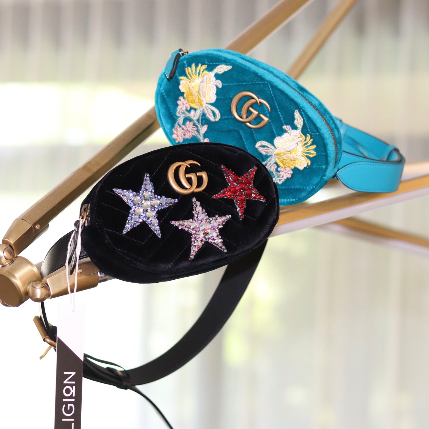Gucci Velvet Matelasse Crystal Star GG Marmont Belt Bag