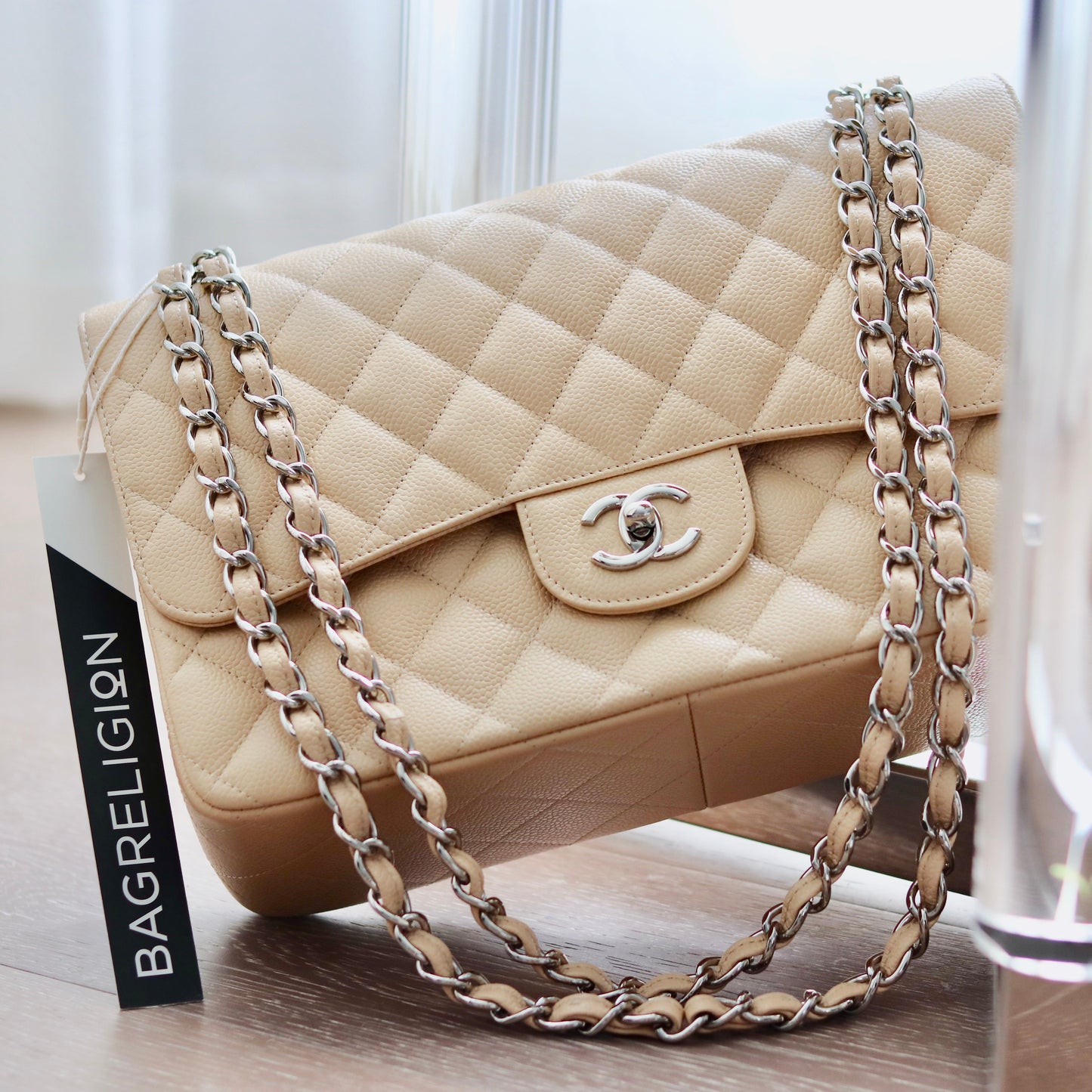 Double Flap Caviar Jumbo in Beige Claire Silver Hardware