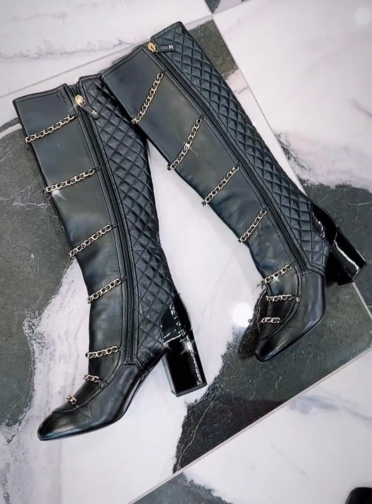 CHANEL CHAIN ACCENT QUILTED LEATHER KNEE HIGH BOOTS