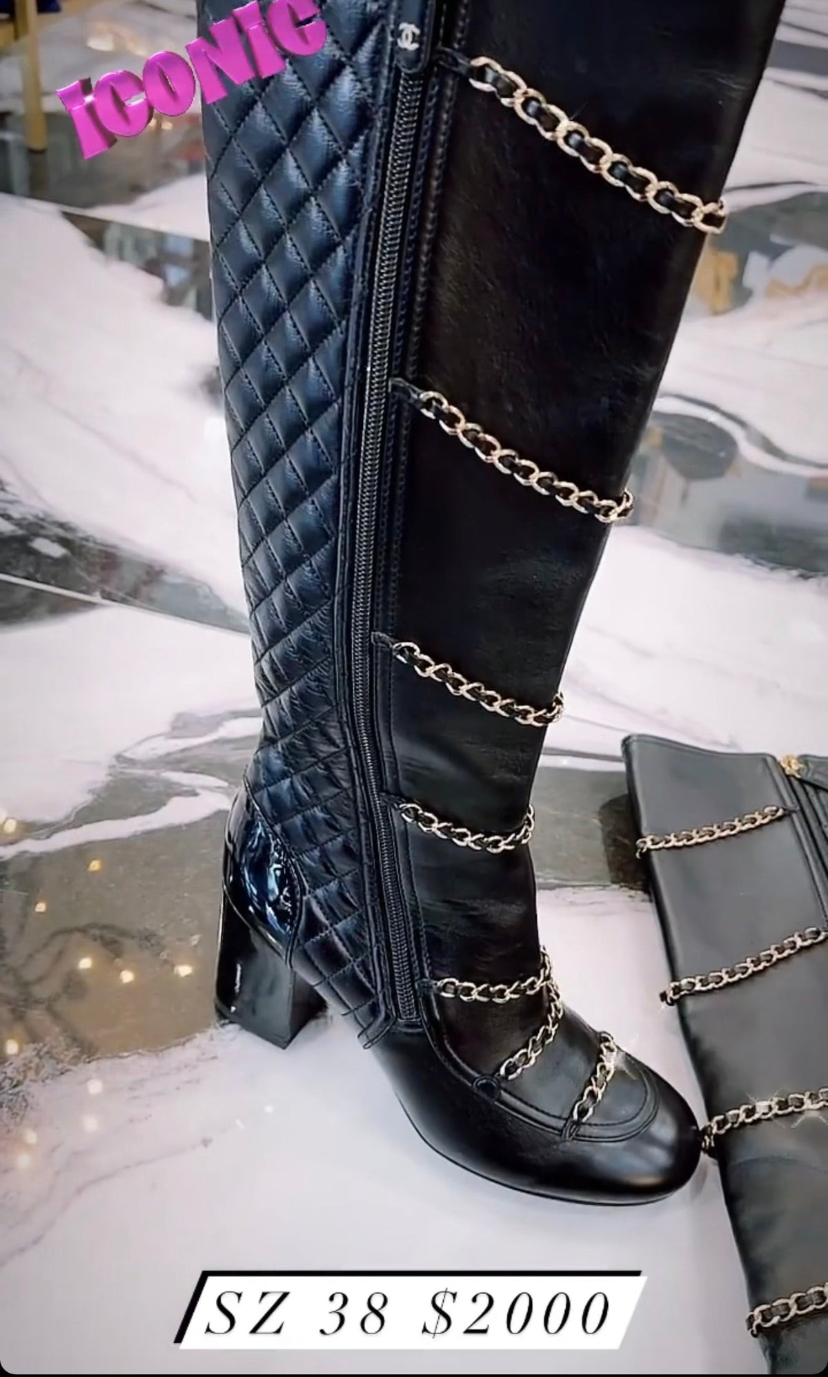 CHANEL CHAIN ACCENT QUILTED LEATHER KNEE HIGH BOOTS