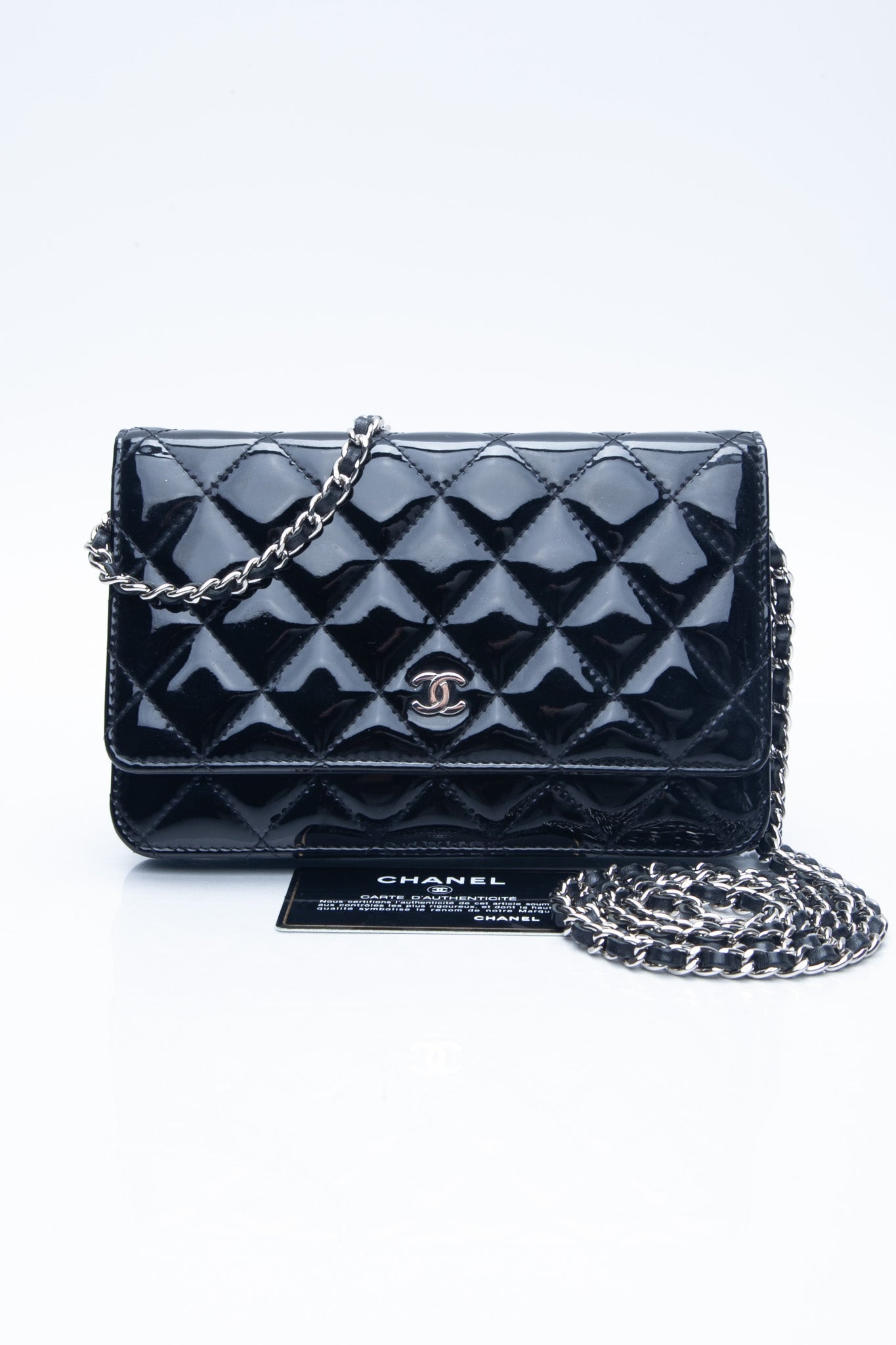CHANEL Black Patent Leather Quilted Wallet On Chain WOC