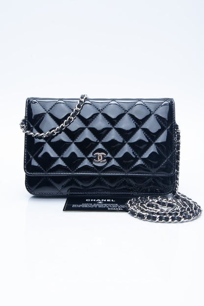 CHANEL Black Patent Leather Quilted Wallet On Chain WOC