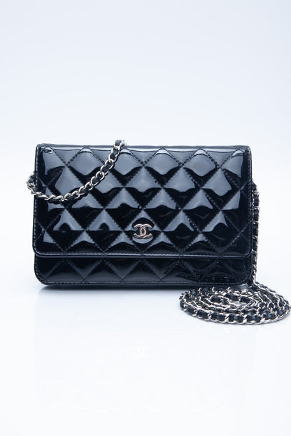 CHANEL Black Patent Leather Quilted Wallet On Chain WOC