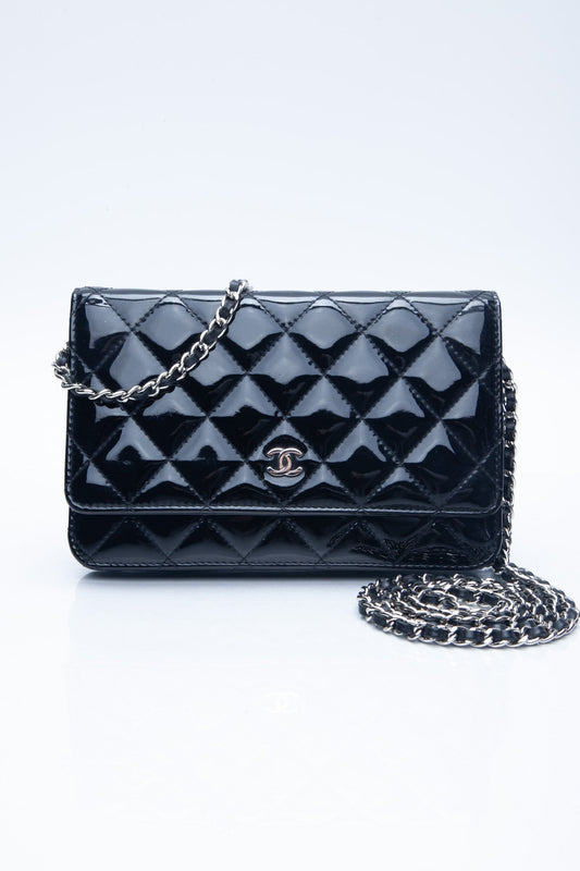 CHANEL Black Patent Leather Quilted Wallet On Chain WOC