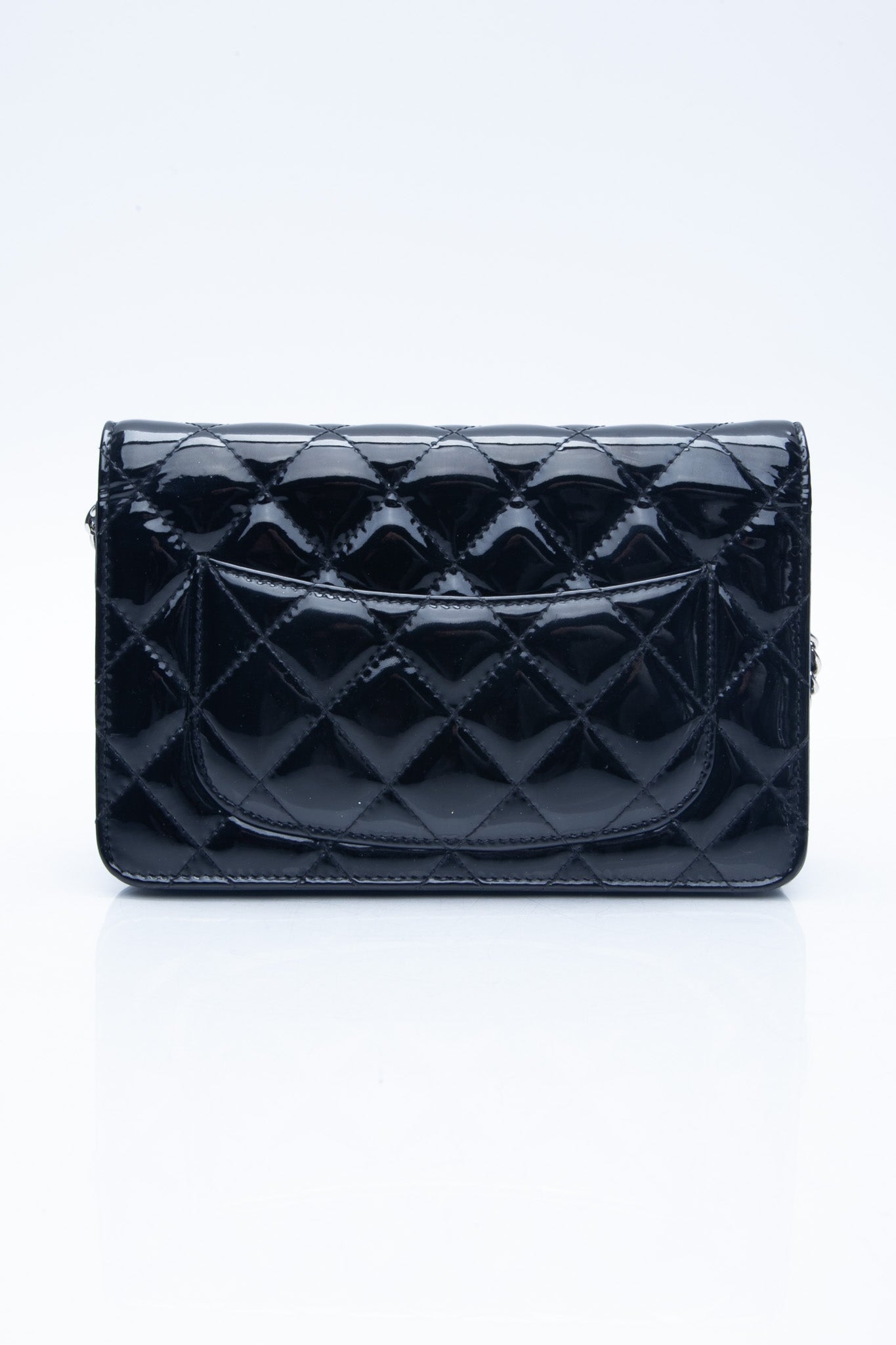 CHANEL Black Patent Leather Quilted Wallet On Chain WOC