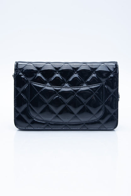 CHANEL Black Patent Leather Quilted Wallet On Chain WOC