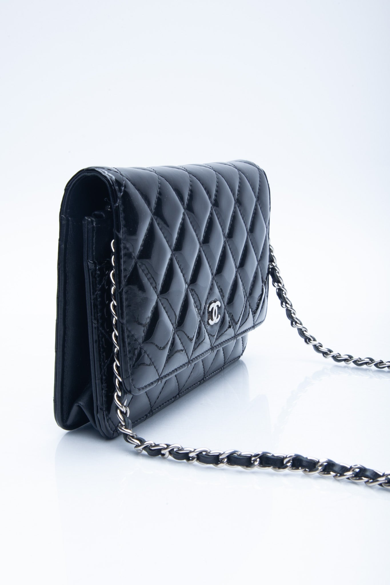 CHANEL Black Patent Leather Quilted Wallet On Chain WOC