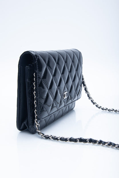 CHANEL Black Patent Leather Quilted Wallet On Chain WOC