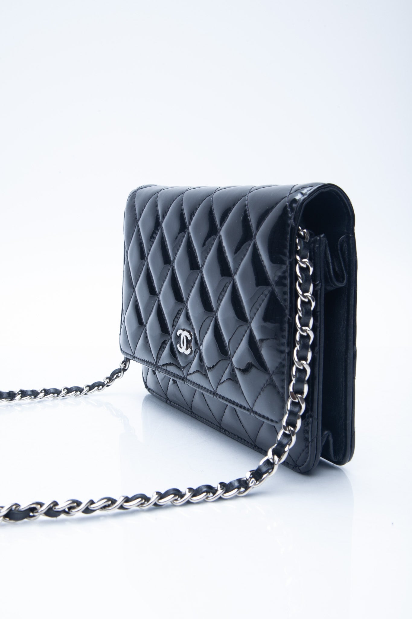 CHANEL Black Patent Leather Quilted Wallet On Chain WOC