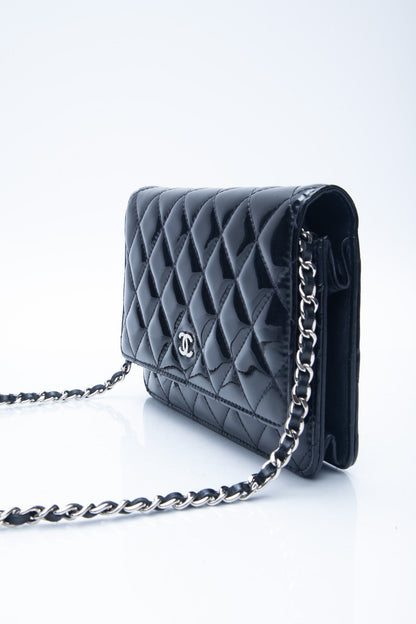 CHANEL Black Patent Leather Quilted Wallet On Chain WOC