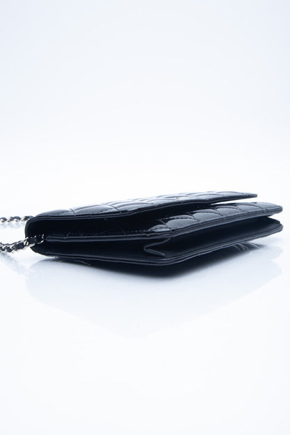 CHANEL Black Patent Leather Quilted Wallet On Chain WOC